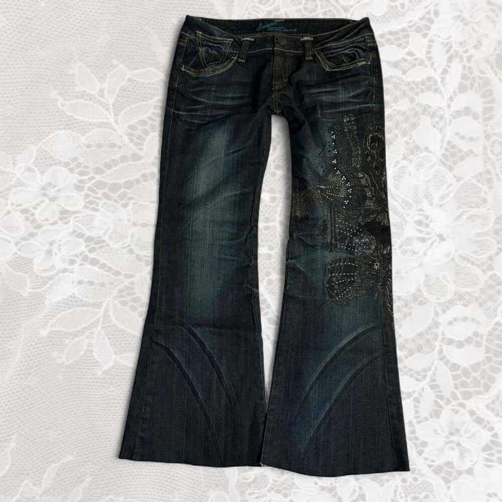 Someone Jeans Demi Curve Straight Wide Flare Jeans Size 32 Butterfly Rhinestone